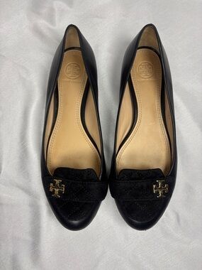 Tory Burch Black Quilted and Leather Logo Ballet Flats